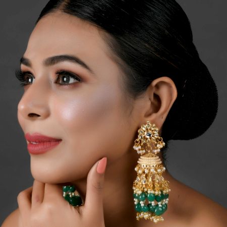 Floral Mirror Dome Earrings with Green Beads & Pearls Pair